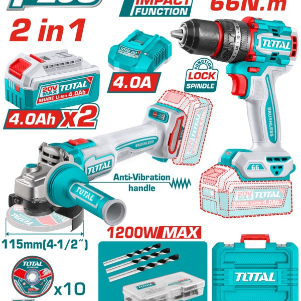 Total 20V COMBO 2PC Drill 66nm+115mm Grinder+Disc