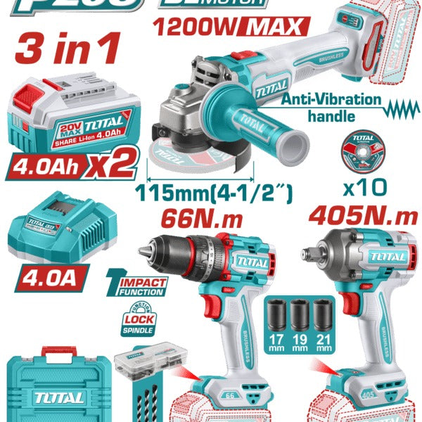 Total 20V COMBO 3PC Drill 66nm+Imp Wren 405nm+Grinder Ind