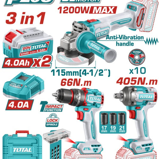 Total 20V COMBO 3PC Drill 66nm+Imp Wren 405nm+Grinder Ind