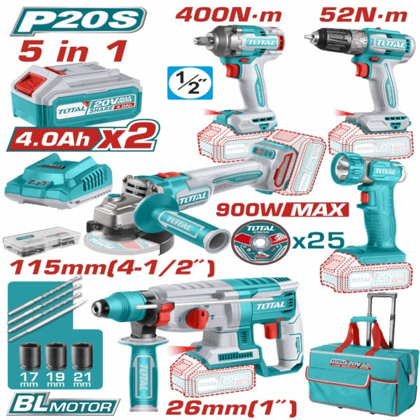 Total 20V COMBO 5Pc Drill 52Nm+Imp 400Nm+Grinder+Ham+Lamp