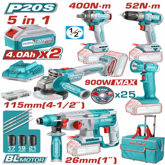 Total 20V COMBO 5Pc Drill 52Nm+Imp 400Nm+Grinder+Ham+Lamp