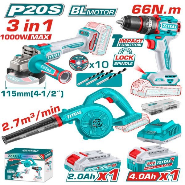 Total 20V COMBO 3PC Drill 66nm+115mm Grinder+Blower