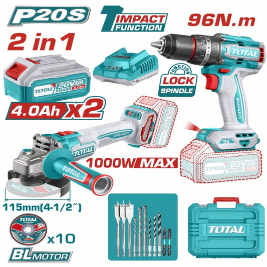 Total 20V COMBO 2Pc Drill 96nm+Grinder 115mm+2x4AH