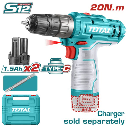 Total 12V Drill Non Imp 10mm 20Nm+2×1.5AH TYPE C
