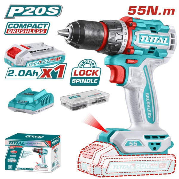 Total 20V Drill Non Imp 13mm 55Nm BL1x2AH+Chrg+47Pc Acc