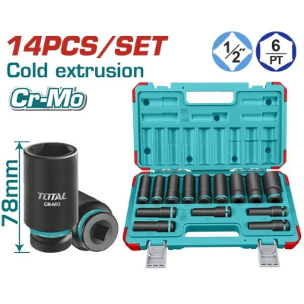 Total Socket Set Impact 14Pc 1/2DR Tube 10-27mm