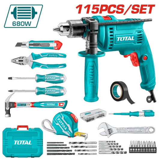 Total 220V Impact Drill KIT 13mm 680W 115Pc
