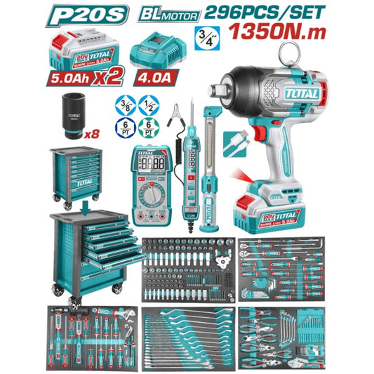 Total 20V COMBO I/wrench 1350nm Tool Trolley 296PC