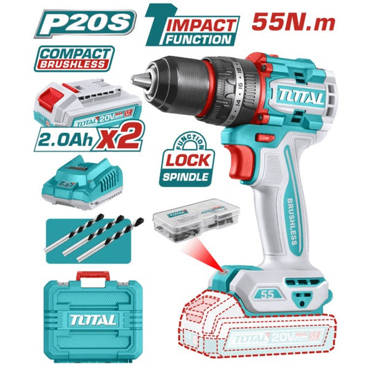 Total 20V Drill Impact 13mm 55Nm B/L 2X2AH + 2AH Charger