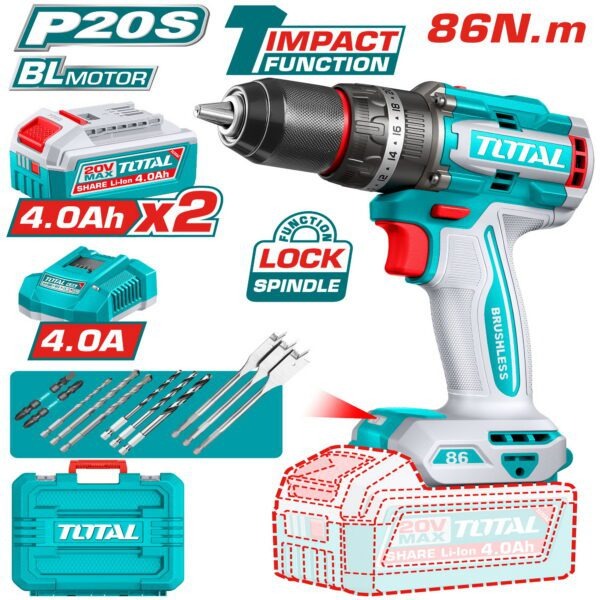 Total 20V Drill Impact 13mm 86nm 2X4AH+Charger+Acc