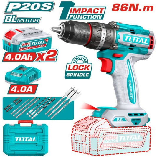 Total 20V Drill Impact 13mm 86nm 2X4AH+Charger+Acc