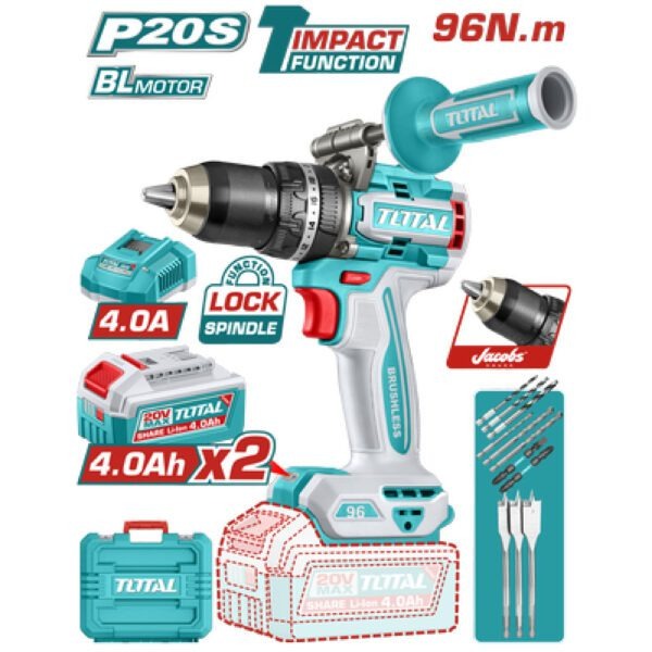 Total 20V Drill Impact 13mm 96Nm B/L 2X4AH+4AH Charger
