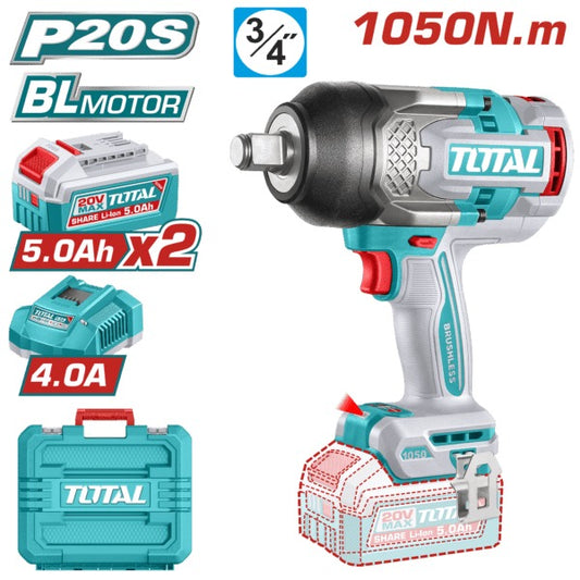 Total 20V Impact Wrench 1050nm 3/4dr+2x5AH+4AH Charger+Acc