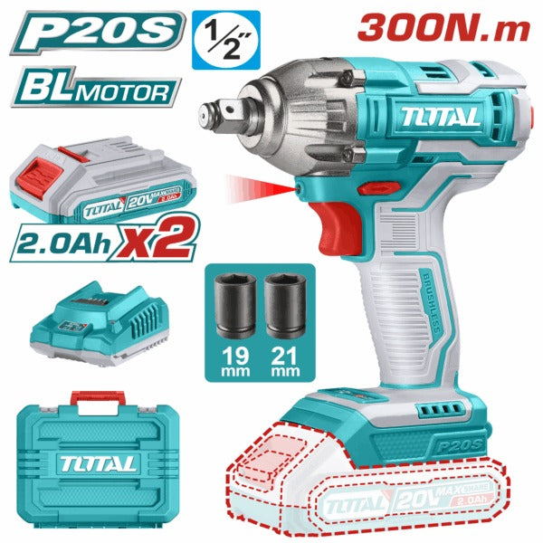 Total 20V Impact Wrench 300Nm 1/2dr 2X2AH+2AH Chagr+Acc