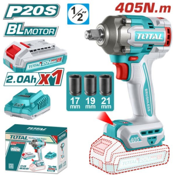 Total 20V Impact Wrench 405nm 1/2dr 1X2AH+2AH Charger+Acc