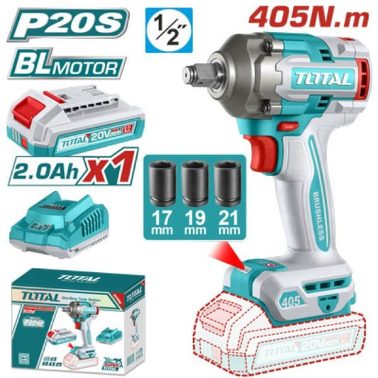 Total 20V Impact Wrench 405nm 1/2dr 1X2AH+2AH Charger+Acc