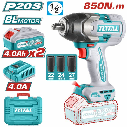 Total 20V Impact Wrench 850nm 1/2 2x4AH+4AH Charger+Acc