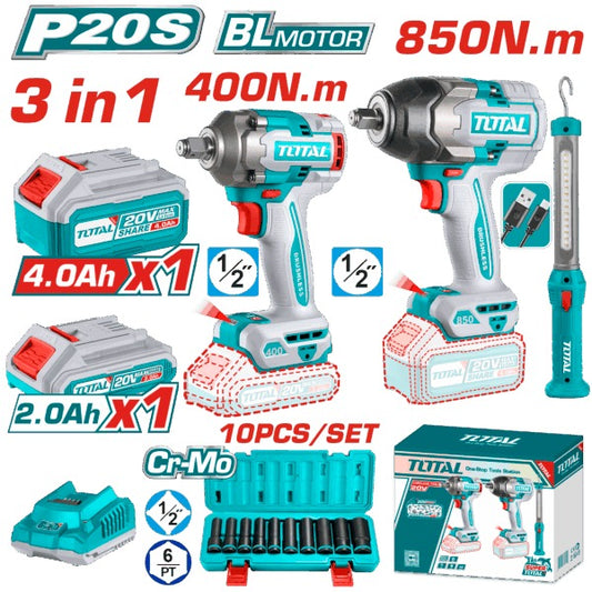 Total 20V COMBO 3PC 2xImpact Wrench 400+850nm +W/Lamp