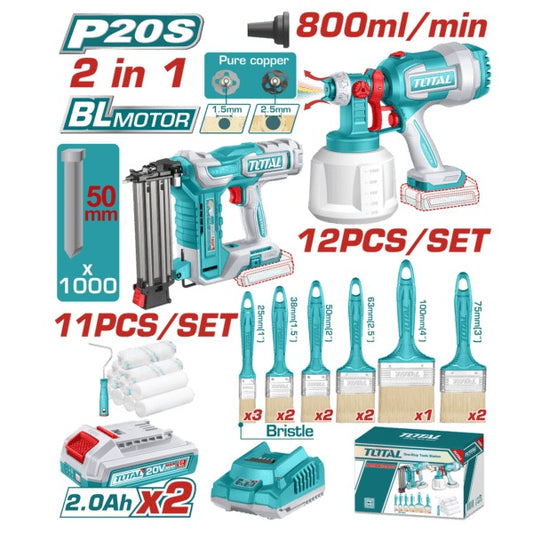 Total 20V COMBO 2PC Brad Nail+Spray Gun+ Paint Brush Set