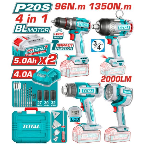 Total 20V COMBO 4PC Drill 96nm+I/Wrench 1350nm H/Gun+Lamp