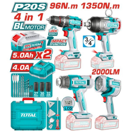 Total 20V COMBO 4PC Drill 96nm+I/Wrench 1350nm H/Gun+Lamp