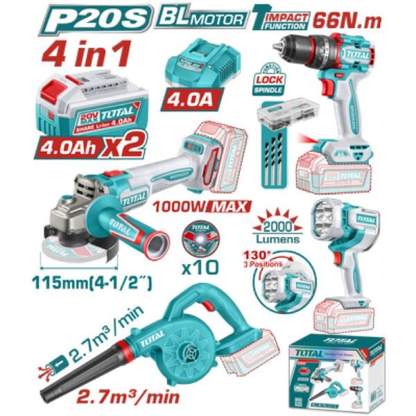 Total 20V COMBO 4PC Drill 66nm+115 Grinder+Blow+WLamp