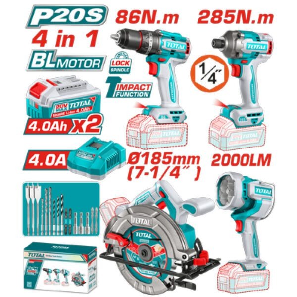 Total 20V COMBO 4PC Drill 86nm+I/Dr 285nm+Circ 185mm+Torch