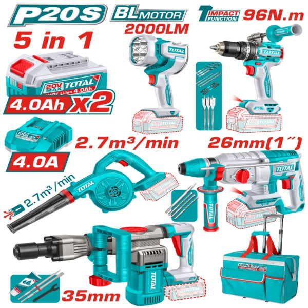 Total 20V COMBO 5PC Drill 96nm+R/Ham+Breaker+Blower+Torc
