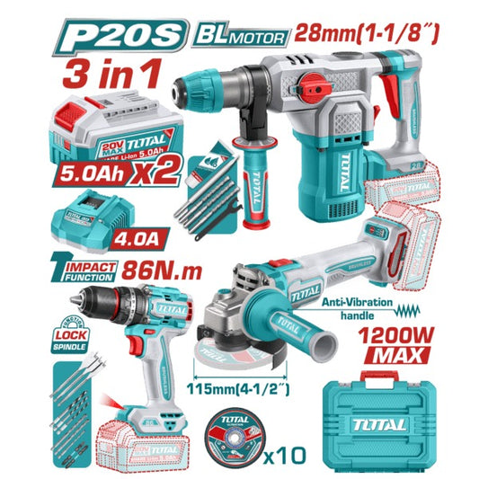 Total 20V COMBO 3PC Drill 86nm+Grinder 115+R/Hammer 28mm