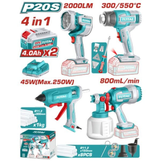 Total 20V COMBO 4PC Spray Gun+Heat Gun+Light+Glue+2x4AH