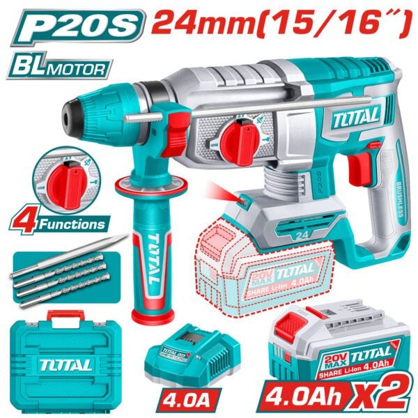 Total 20V Rotary Hammer 24mm 2X4AH+ 4AH Charger