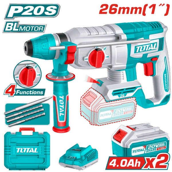 Total 20V Rotary Hammer 26mm 2X4AH+4AH Charger