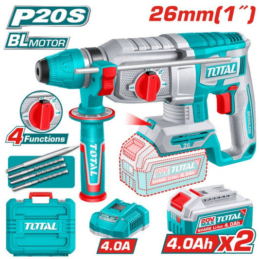 Total 20V Rotary Hammer 26mm 2X4AH+4AH Charger+ Acc