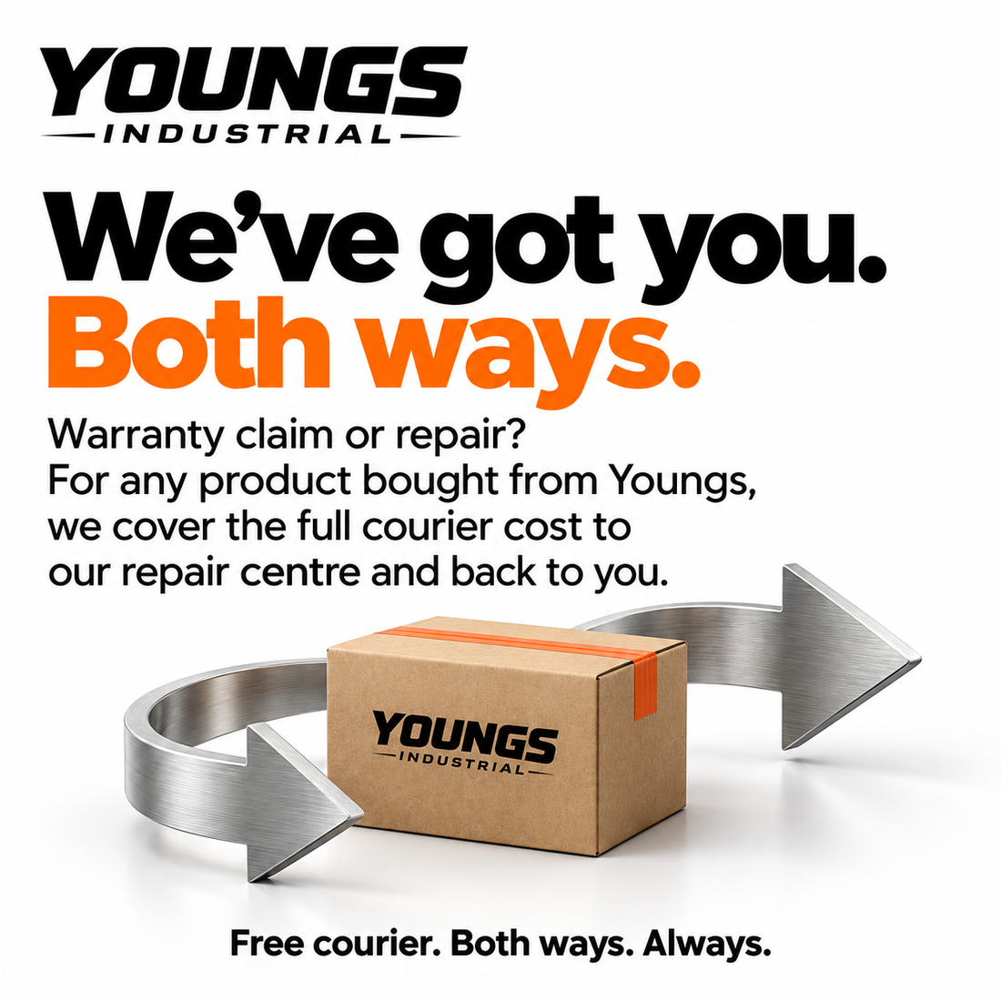 We've got you. Both ways. Warranty claim or repair? For any product bought from Youngs, we cover the full courier cost to our repair centre and back to you. Free courier. Both ways. Always.